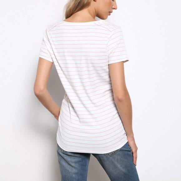 MITTOSHOP White Pink Stripe Henley Tee, Short Sleeve Ribbed Top,Minimalist Basic - Picture 3 of 4